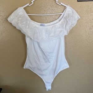 Iris eyelet embroidered off the shoulder bodysuit